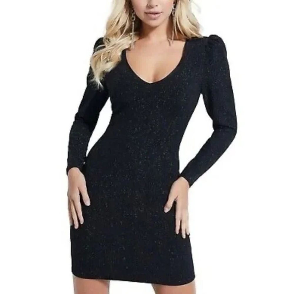 Guess Cardi Metallic Puffed-Shoulder Bodycon Dress, Size M NWT